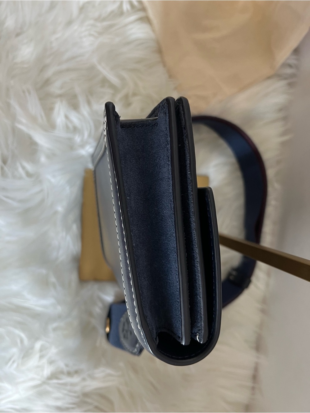 Tory Burch Navy T-Mono Leather Crossbody with Gold Hardware and Burgundy Strap - Picture 5 of 7